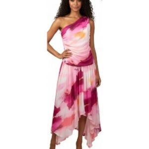 NWT Bar III 0X Addie Abstract One-Shoulder Ruched Mesh Dress Asymmetrical party